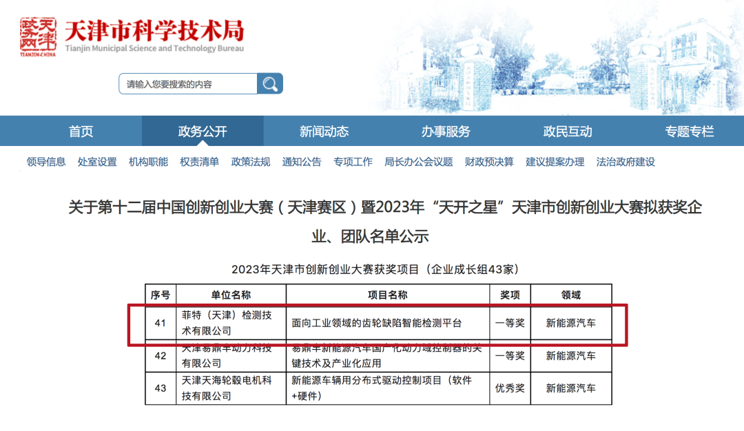 菲特荣获第十二届中国创新创业大赛天津赛区一等奖！
